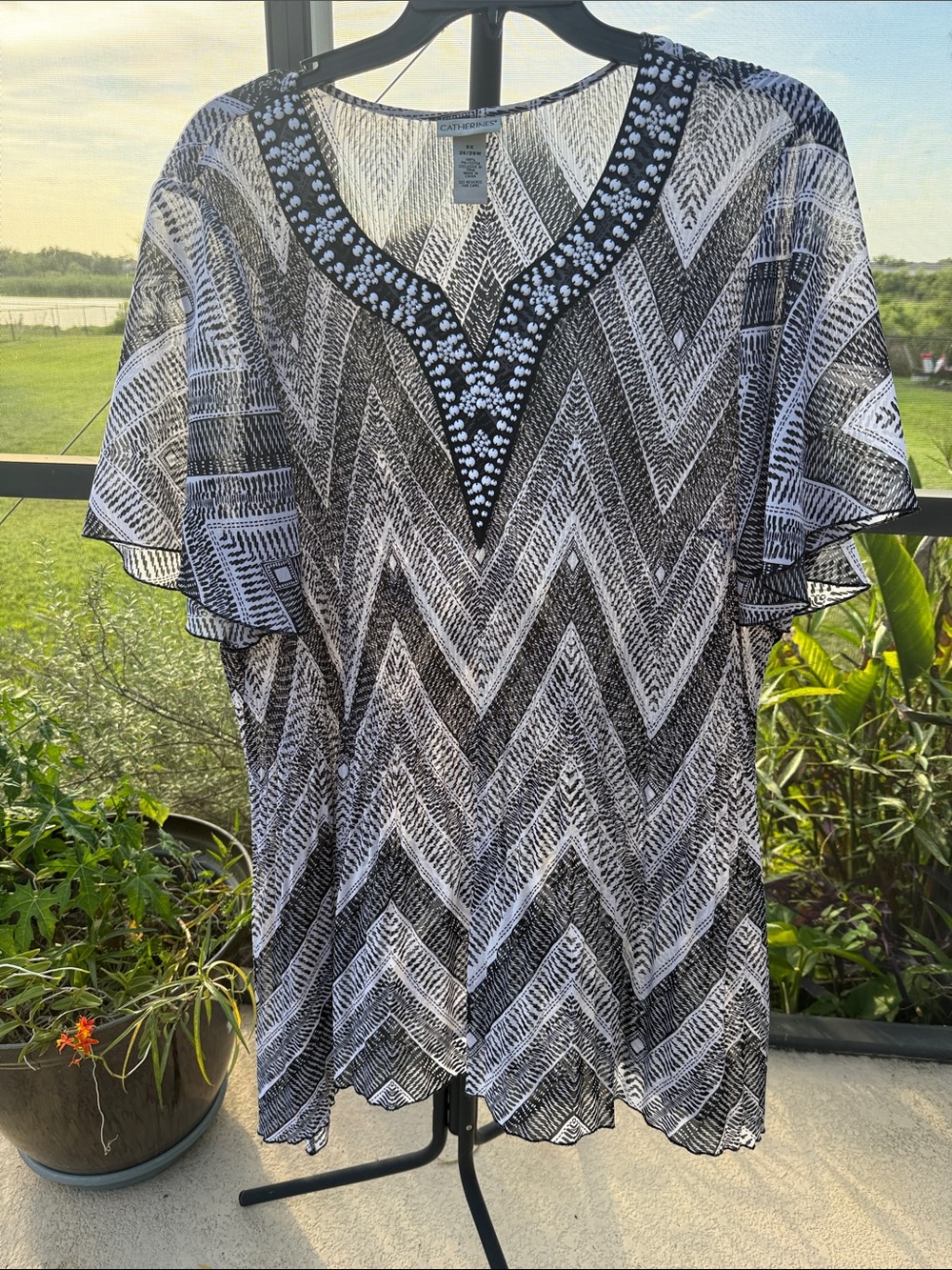 Catherines Black & White Chevron beaded V-Neck Swim Coverup Tunic